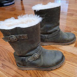 Ugg Noira Waterproof Leather/Shearling Moto Buckle Boots, Pineneedle Green